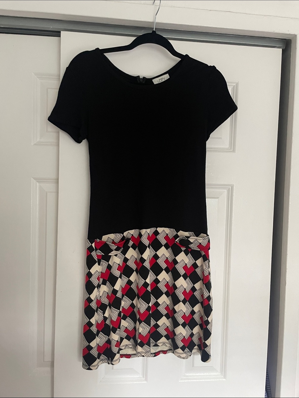 LOFT Black Top Dress with Red and Cream Geometric Skirt